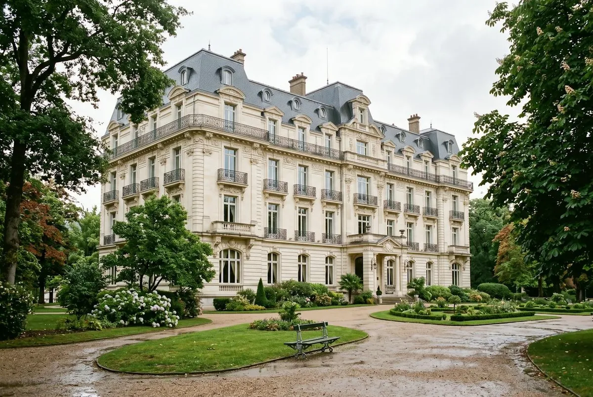 la façade de pierre crème et son toit d'ardoise